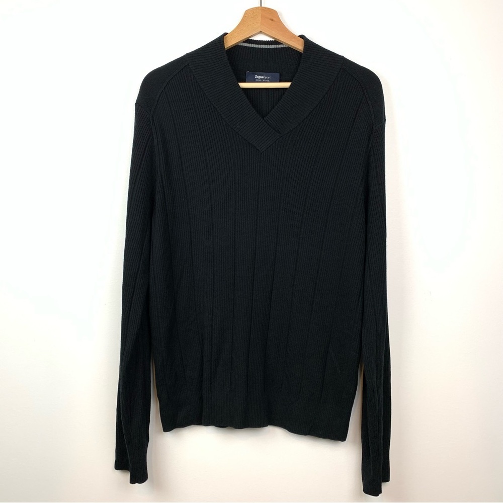 Zegna Sport Sweater Silk Wool Black Sz Large V Neck Ribbed Soft Quiet Luxury